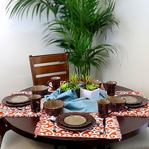 Elama Round Decorated Stoneware Scallop Embossed Dinnerware Dish Set, 16 Piece, Luna