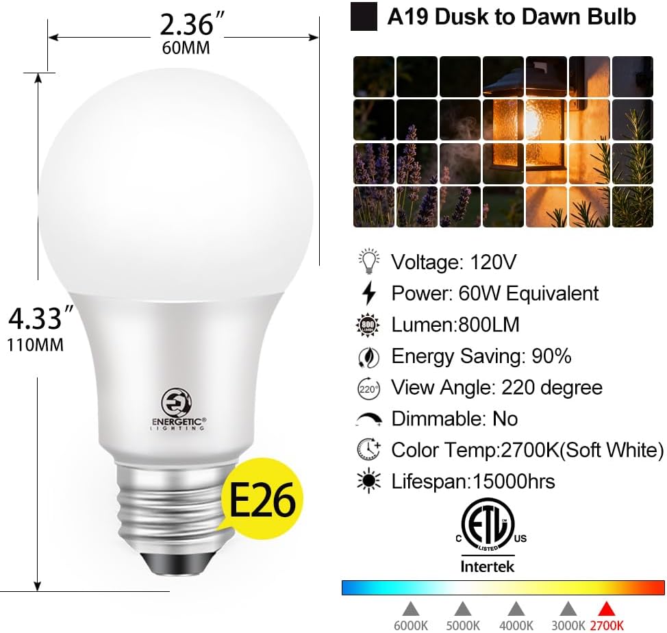 Energetic 4-Pack Dusk to Dawn LED Outdoor Light Bulb, 60 Watt Equivalent(6W), 800LM, Warm White 3000K, E26 Base