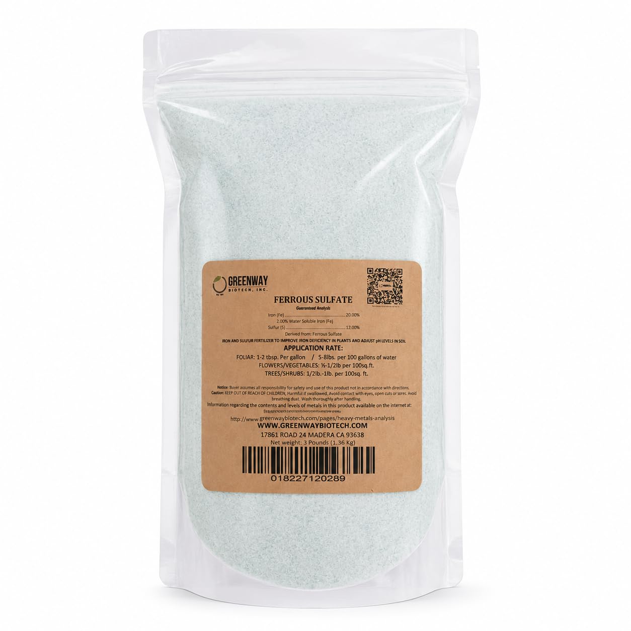 Greenway Biotech Ferrous Sulfate 20% Iron Fe Fertilizer, Water Soluble Plant Food with Sulfur for Lawns Trees Shrubs Vegetables and Acid-Loving Plants, Powder Soil Amendment 1 LB