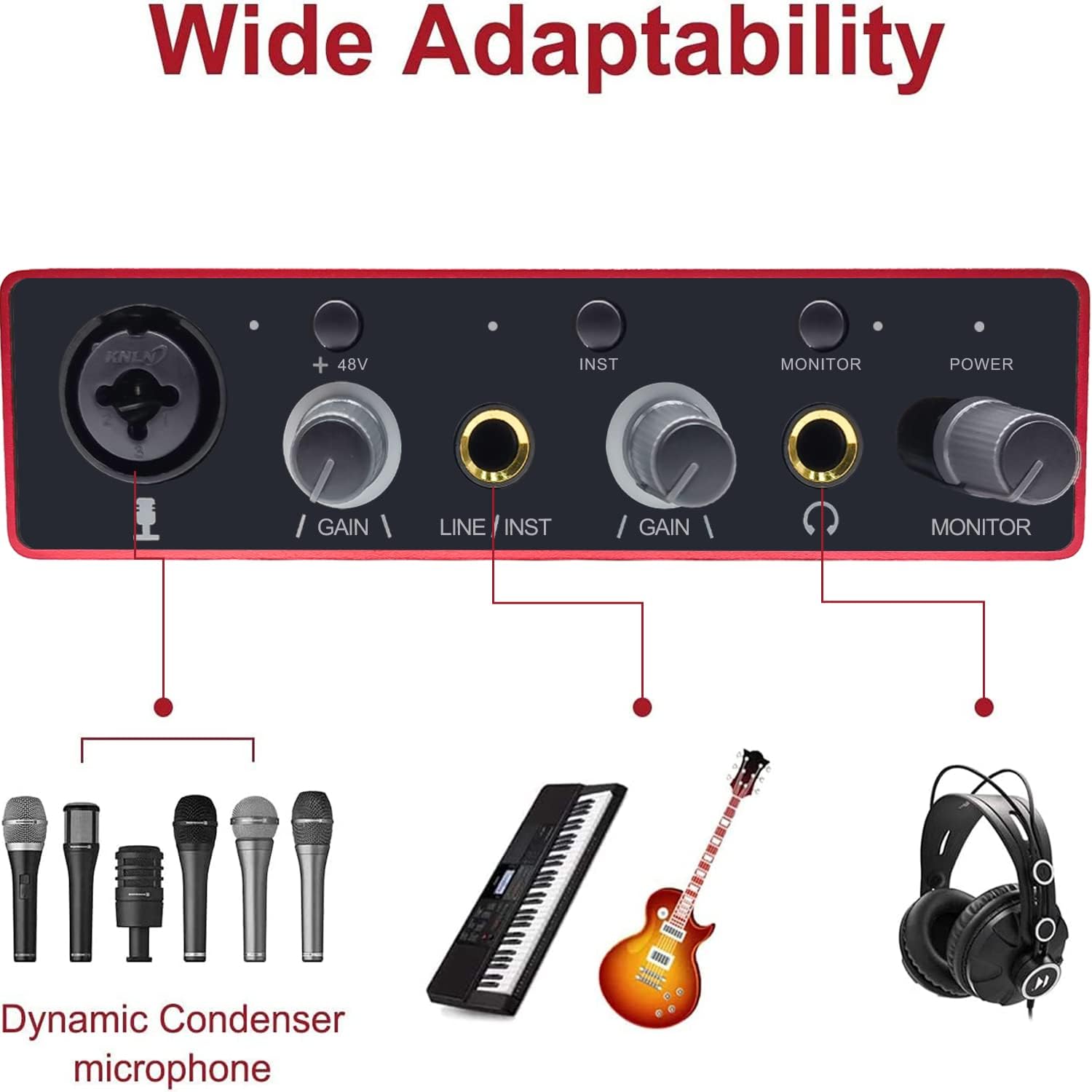 Audio Interface USB Audio Interface with Mic Preamplifier USB Audio Mixer Recorder with 48V Phantom Power, 24 Bit, Support Tablet