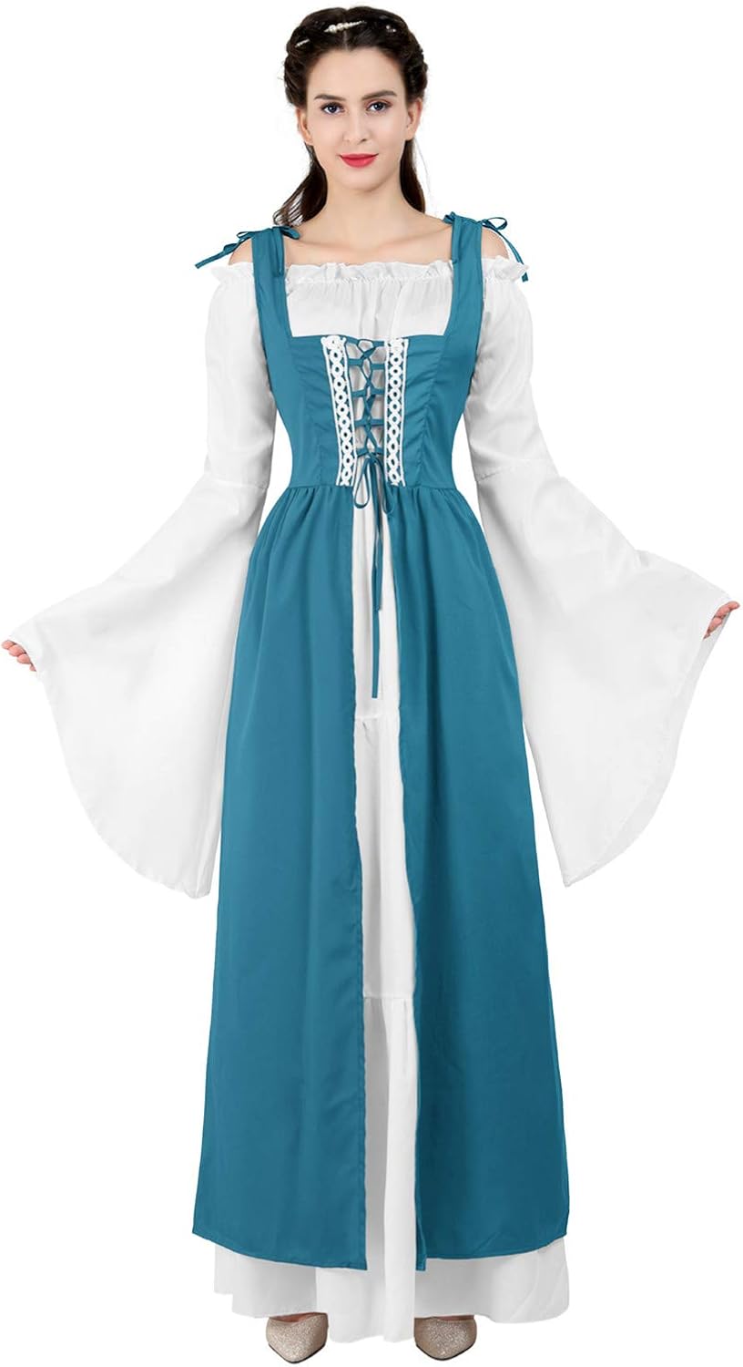 Kranchungel Renaissance Costume Women Dress: Flowy Long Sleeve Medieval Dress for Renaissance Faires & Medieval Festival