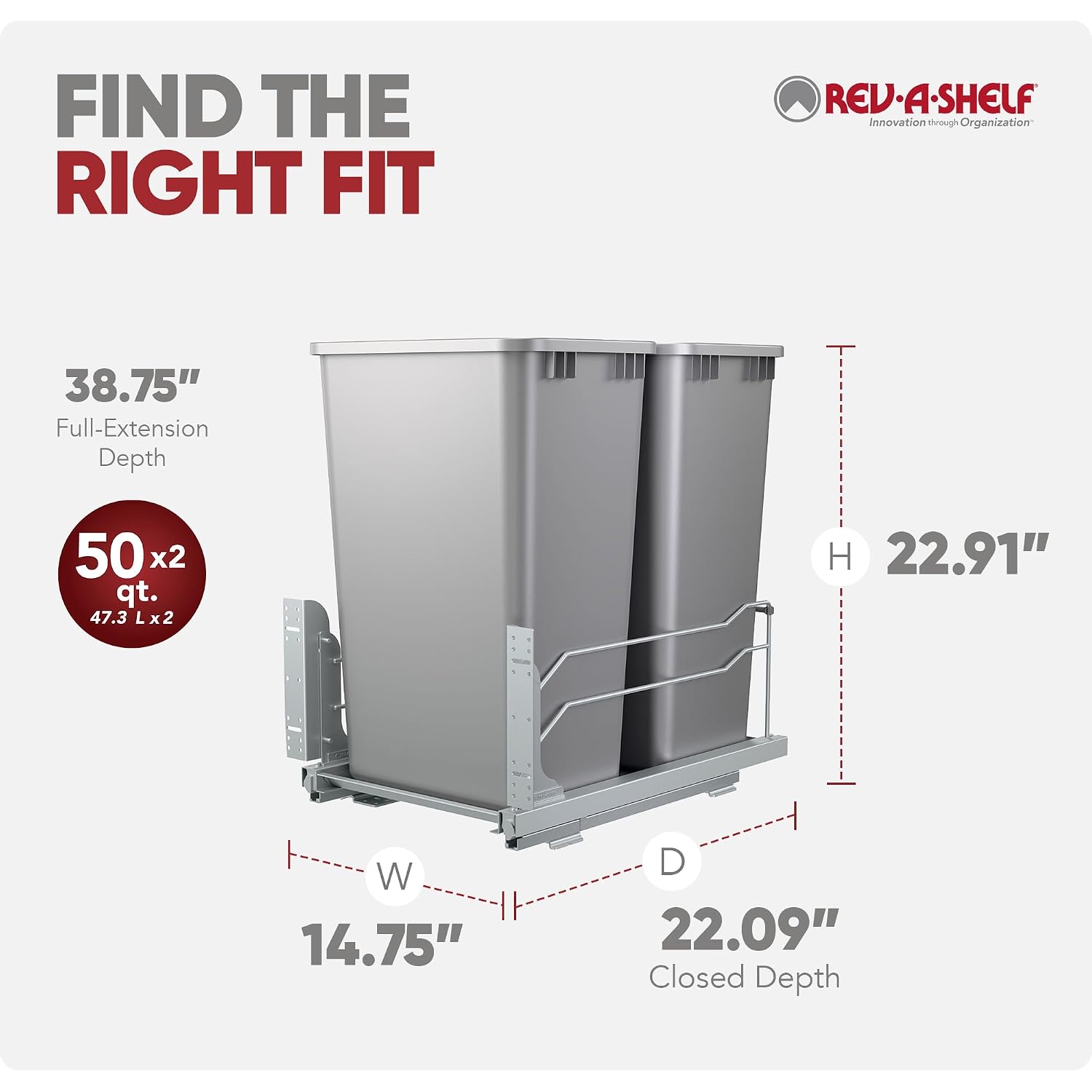 Rev-A-Shelf Double Pullout Trash Can w/Soft-Close Slides, 14.5" Min Opening | Large Capacity Garbage/ Recycling Bins for Full Height Kitchen Cabinets, Heavy Gauge Wire Construction, 53WC-2150SCDM-217