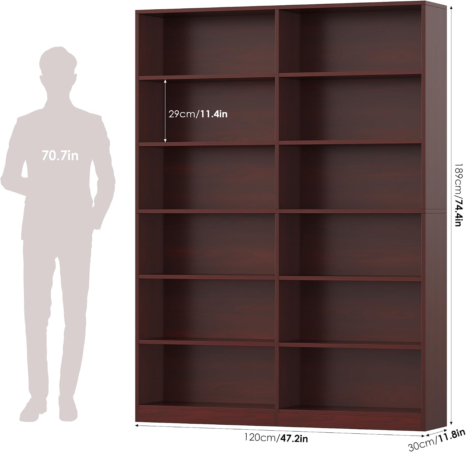 Bookshelf Tall Bookcase, 6-Tier Double Wide Bookshelves, White | Freestanding Display Storage Shelves, Tall and Large Book Shelves for Home Decor Bedroom, Living Room, Home Office, Library