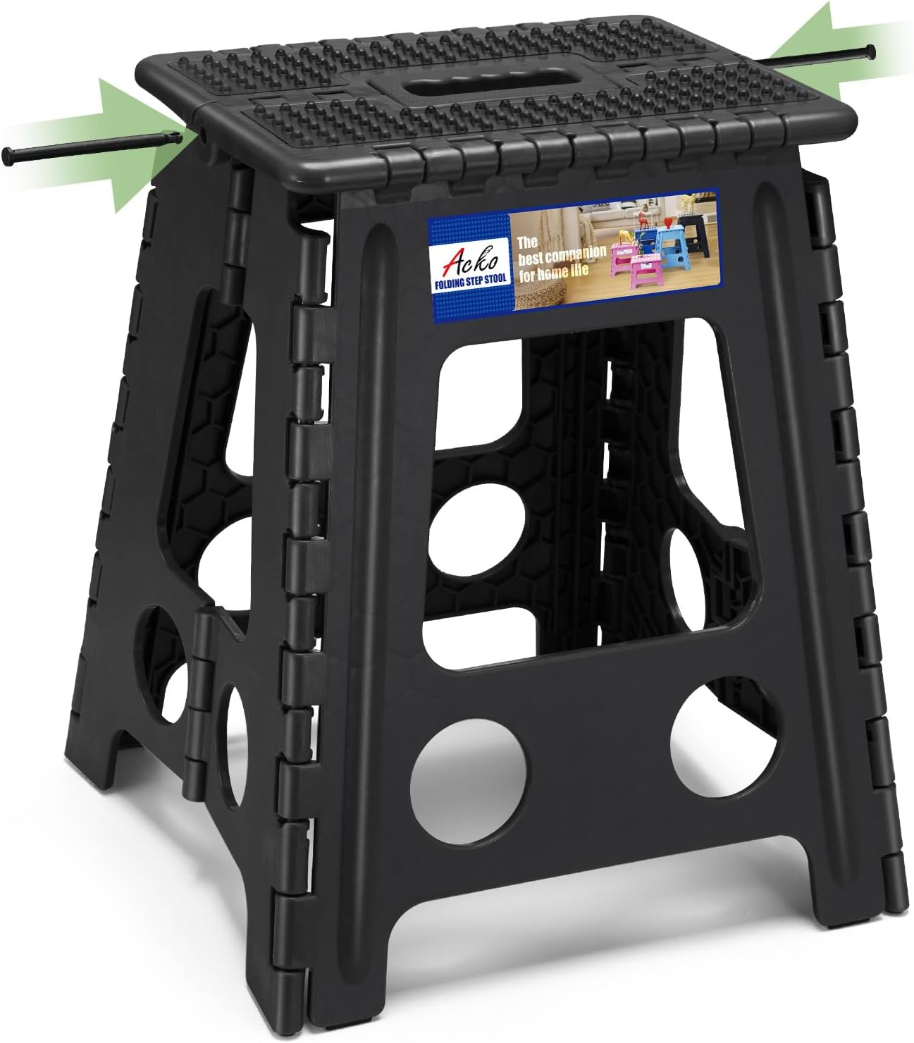 ACKO 13 Inch Folding Step Stool, Holds 300 lb for Adults and Kids, Black | Collapsible Heavy Duty Foldable Stools, Portable Non-Slip Foot Stepping stool, Kitchen Bathroom Bedroom Outdoor with Handle
