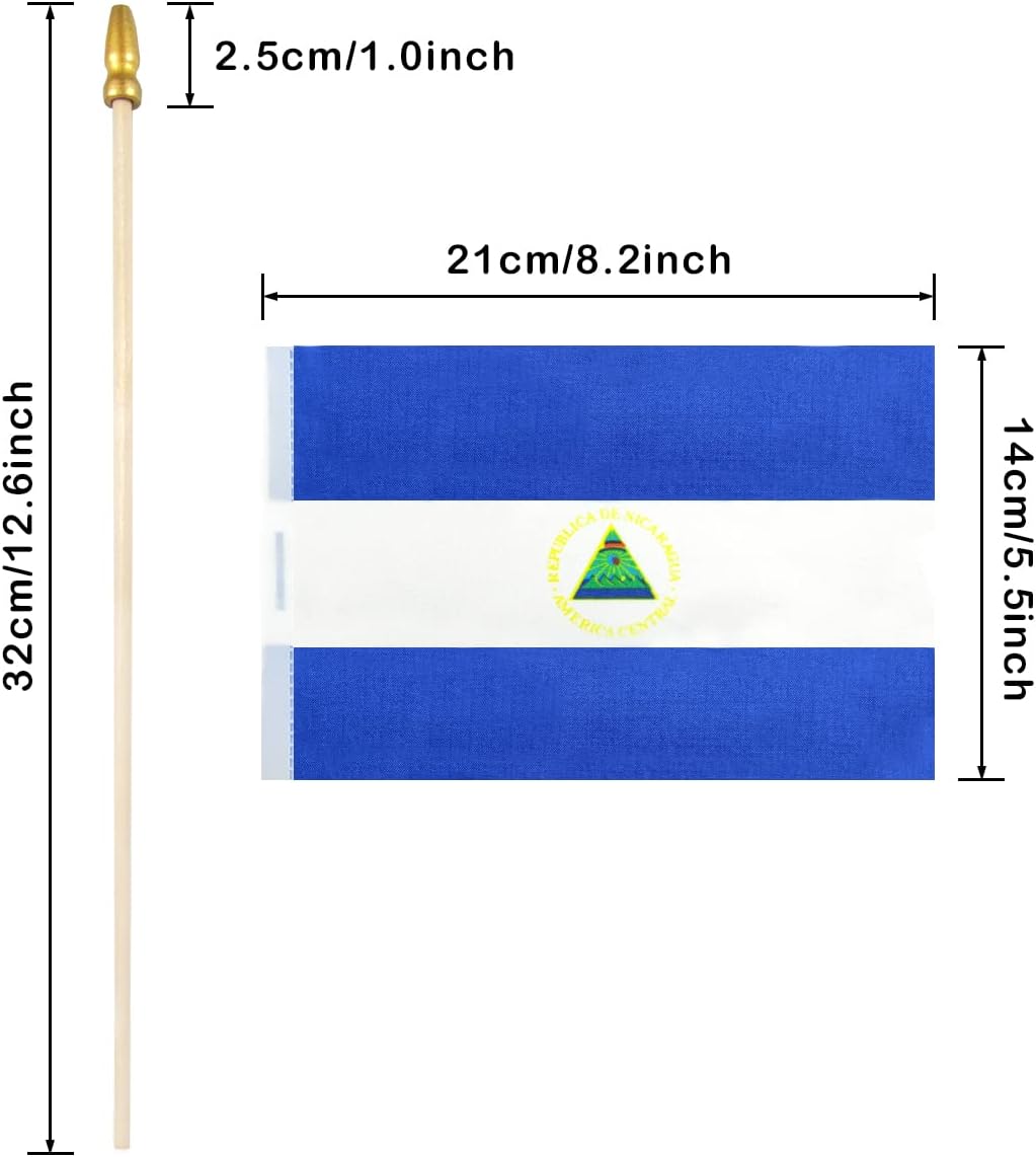 QQSD Nicaragua Small Flag Nicaraguan Stick Mini Hand Held Flags - Solid Wooden Pole with Spear Top, 12 Pack