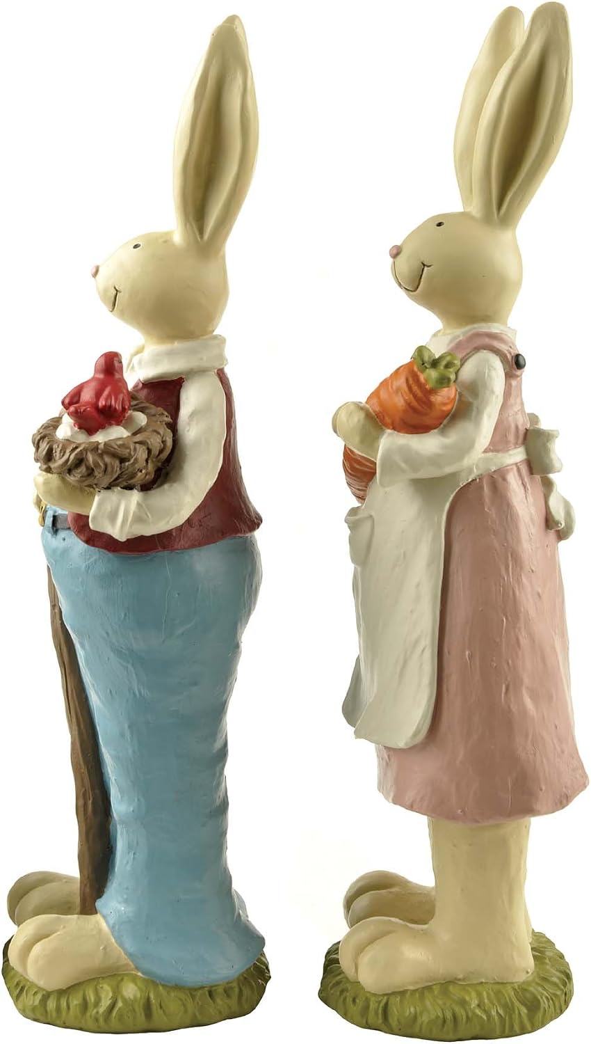 Easter Bunny Decorations Couple Rabbit Holding Bird Chutes and Carrot, Hand-Painted Crafts Statue