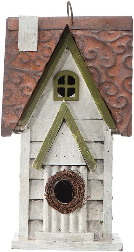 Glitzhome 12" H Green Hanging Distressed Solid Wood Garden Bird House Decorative Birdhouse
