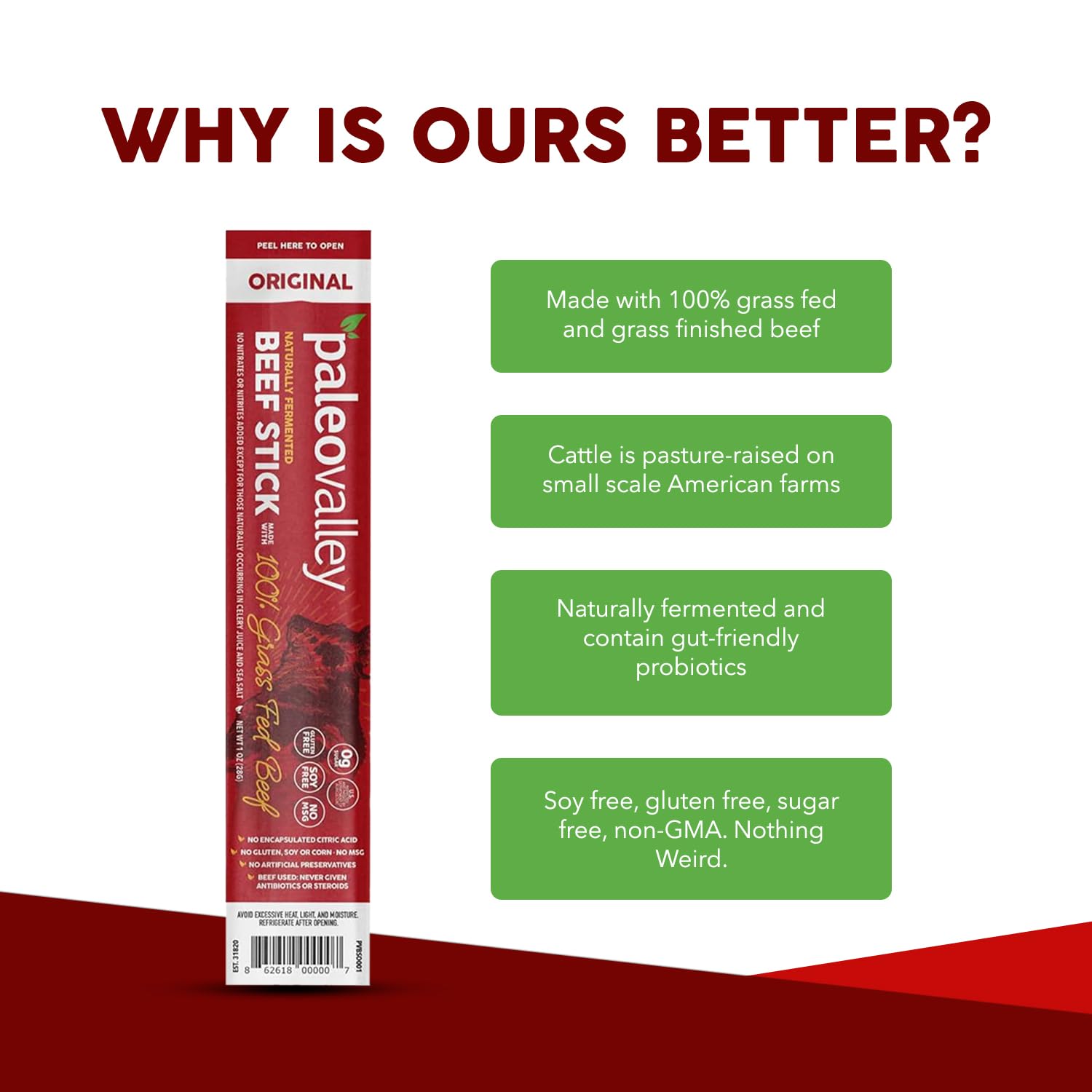 Paleovalley 100% Grass Fed Beef Sticks, Protein Snacks, Original | 10 Count, Individually Wrapped, Naturally Fermented, Gluten Free, Keto and Paleo, Made With Simple Ingredients, 6g Protein