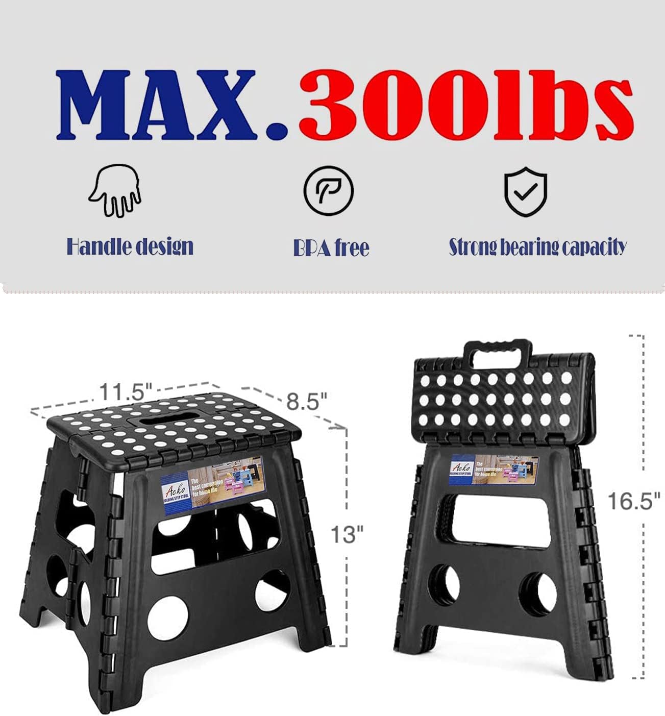 ACKO 13 Inch Folding Step Stool, Holds 300 lb for Adults and Kids, Black | Collapsible Heavy Duty Foldable Stools, Portable Non-Slip Foot Stepping stool, Kitchen Bathroom Bedroom Outdoor with Handle
