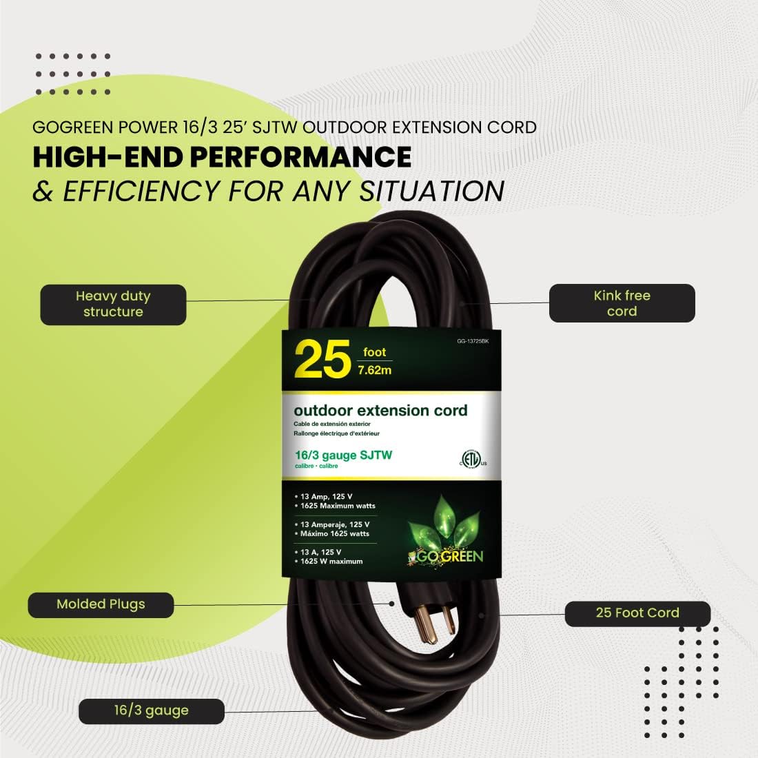 Go Green Power Inc. (GG-14025) 12/3 SJTW Outdoor Extension Cord, Lighted End, 25 ft