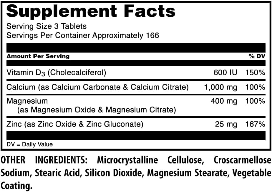 Amazing Formulas Calcium Magnesium Zinc D3-300 Tablets Per Bottle Supplement (Calcium 1000mg - Magnesium 400mg - Zinc 25mg Plus Vitamin D3 600 IU - Per Serving of 3 Tablets)