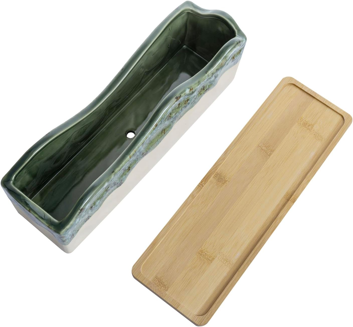 MyGift Beige Green Ceramic Glazed Rectangular Succulent Planter Pot