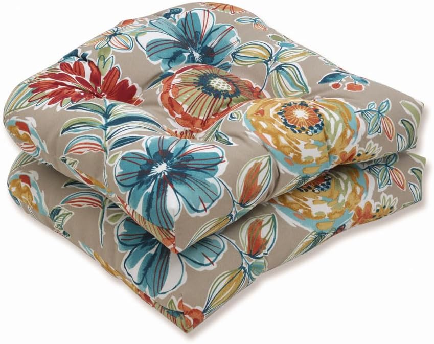Pillow Perfect Bright Floral Indoor/Outdoor Tufted Wicker Seat Cushion, 2 Count, 19" x 19", Blue/Tan Telfair Peacock