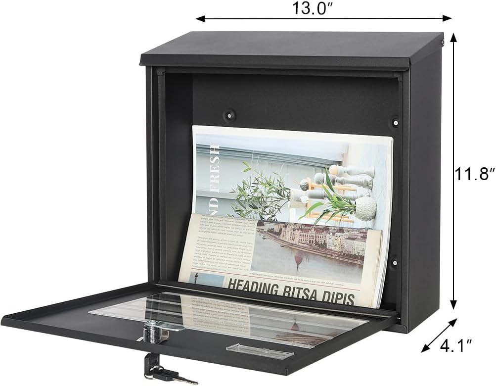 Decaller Large Capacity Mailbox with Key Lock, Wall Mount Metal Mail Box with Newspaper Compartment for Outside, 14.4" x 13" x 4.2", 938 Black