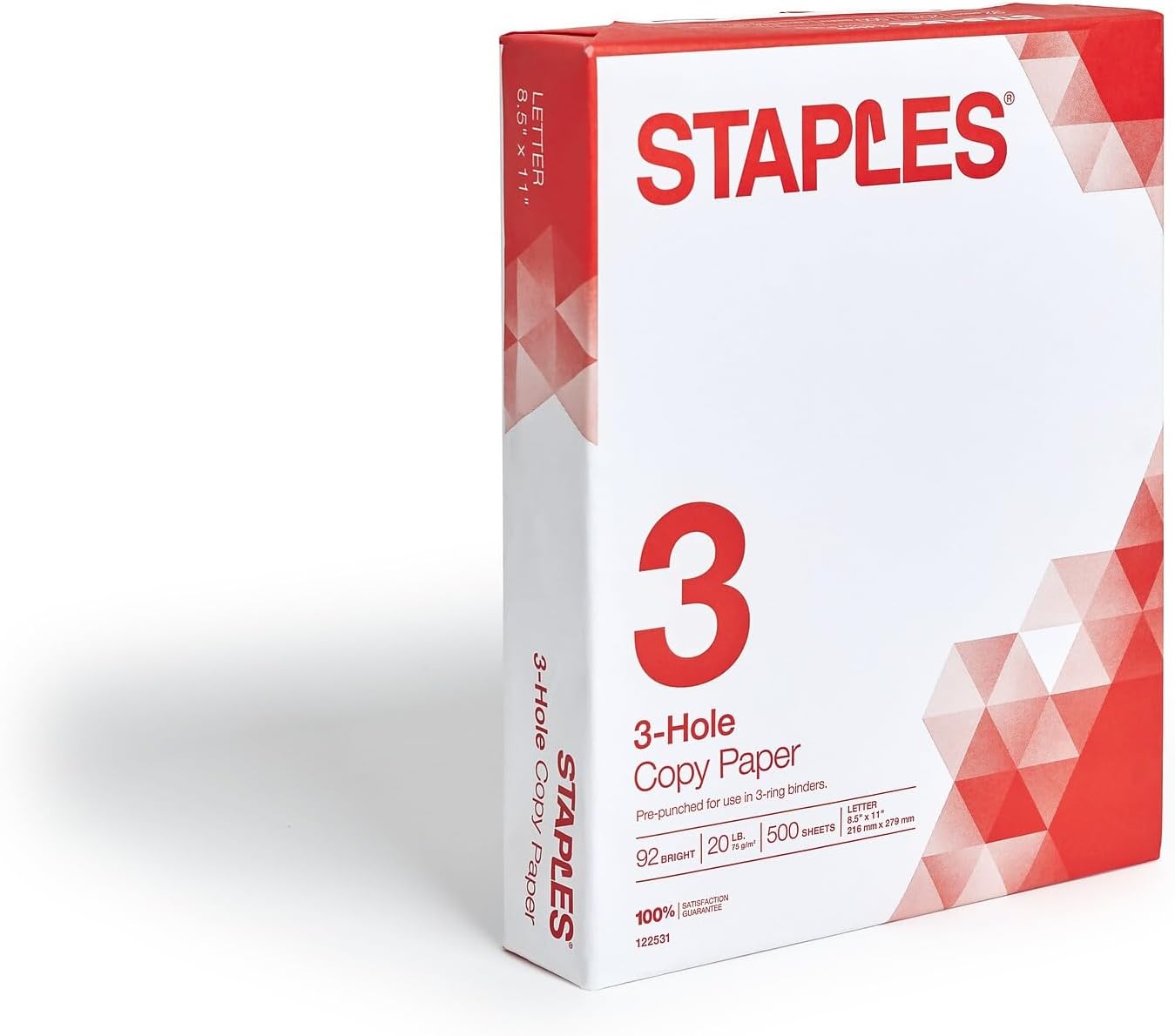 Staples 8.5" x 11" 3-Hole Punched Copy Paper, 20 lbs., 92 Brightness, 500/Ream