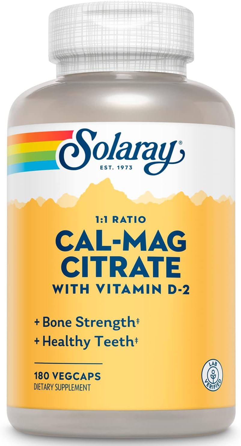 SOLARAY Calcium Magnesium Citrate 1:1 with Vitamin D2, 180 VegCaps | Bone, Muscle, Teeth & Nerve Support, Calcium & Magnesium Citrate with Vitamin D2