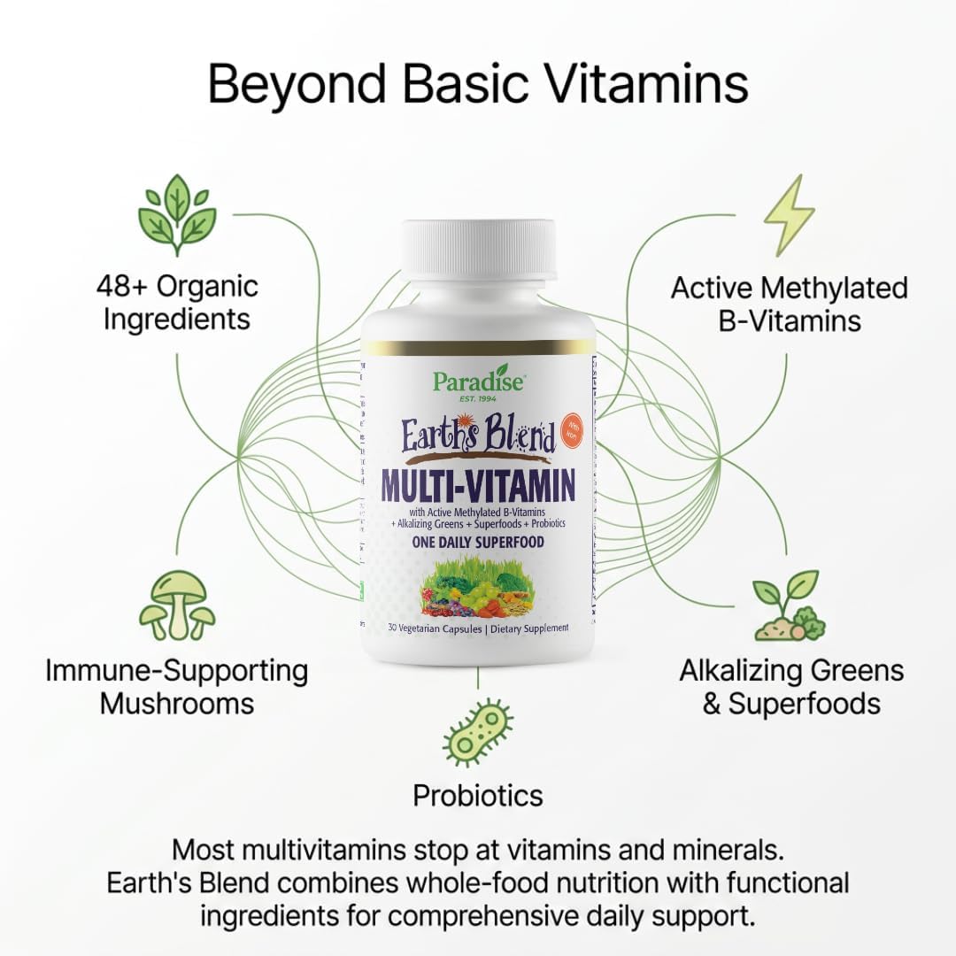 Paradise Herbs & Essentials Once Daily Multivitamin Iron 60 Capsules | Organic superfoods, probiotics, and vitamins A, B12, C, D, K2 in a dietary supplement for immune and bone support.