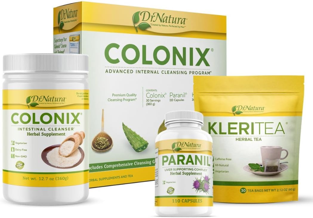 DrNatura Colonix 3-Part Colon Cleanse Kit – Whole Psyllium Husk Fiber Powder, Herbal Capsules & Herbal Tea, 30 Day Digestive & Gut Support Program, 16 oz (Pack of 1)