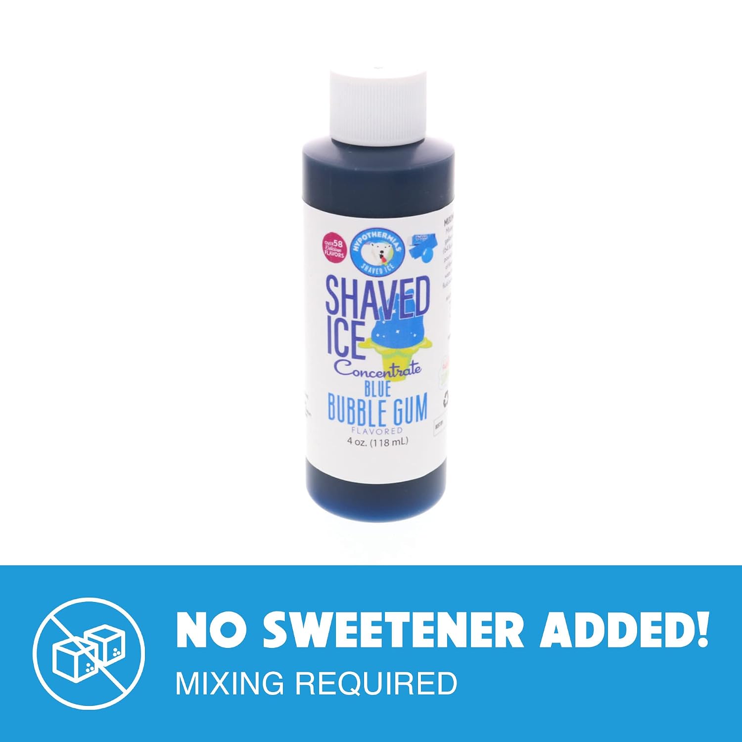 Hypothermias Shaved Ice and Snow Cone Syrup Unsweetened Flavor Concentrate - 4 Fl. Oz - Makes 1 Gallon of Ready to Use Syrup - Blue Bubble Gum