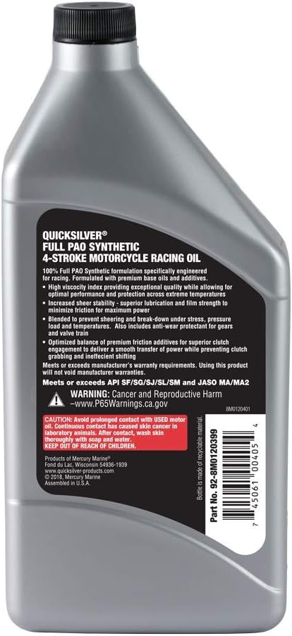Quicksilver 20W-50 Full Synthetic Motorcycle Oil, 1 Quart