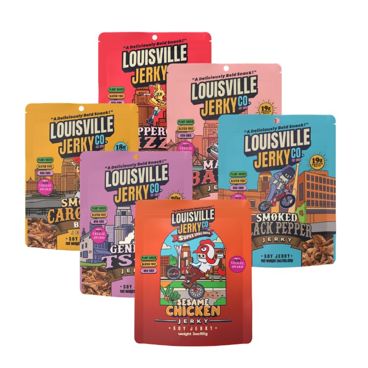 Louisville Jerky Co. Traditional Vegan Jerky Pack, 3 oz, 5-Pack | Plant Based, High Protein Snack, Vegetarian Friendly, BBQ, Buffalo, Maple Bacon, Pepperoni Pizza, Black Pepper