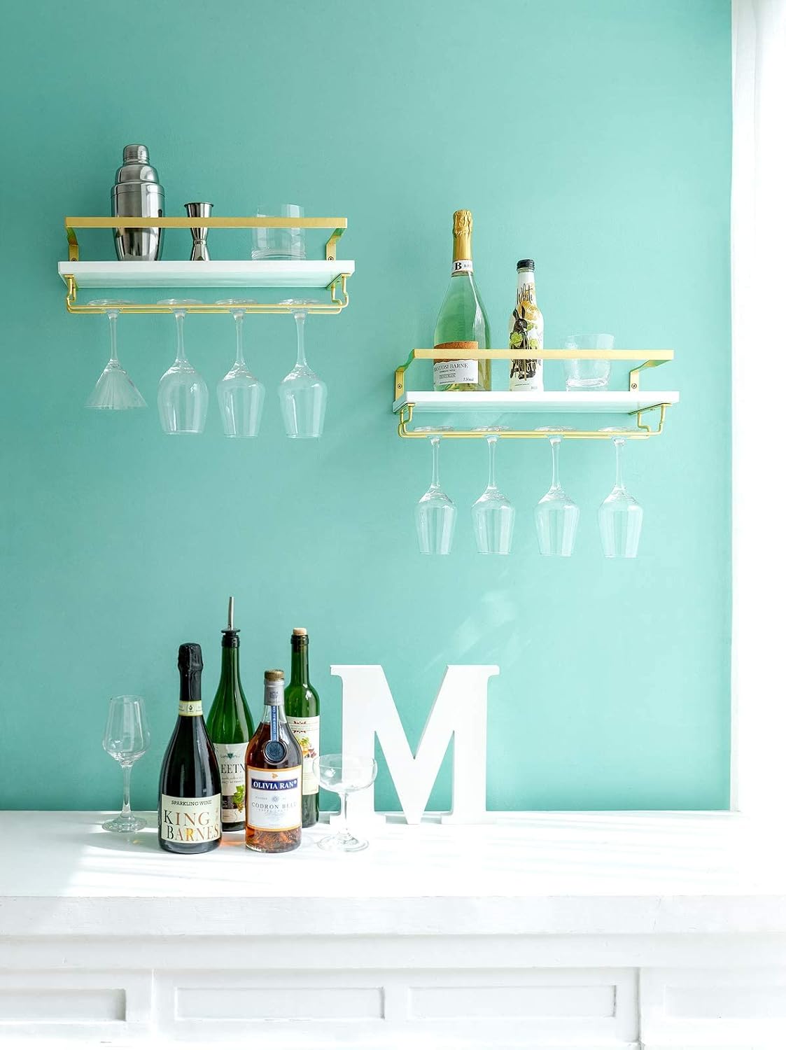 Mkono Wall Mounted Wine Rack Set of 2 Wood Rustic Wine Bottle Glass Floating Shelves with Stemware Hanger Modern Plants Photos Wine Display Storage
