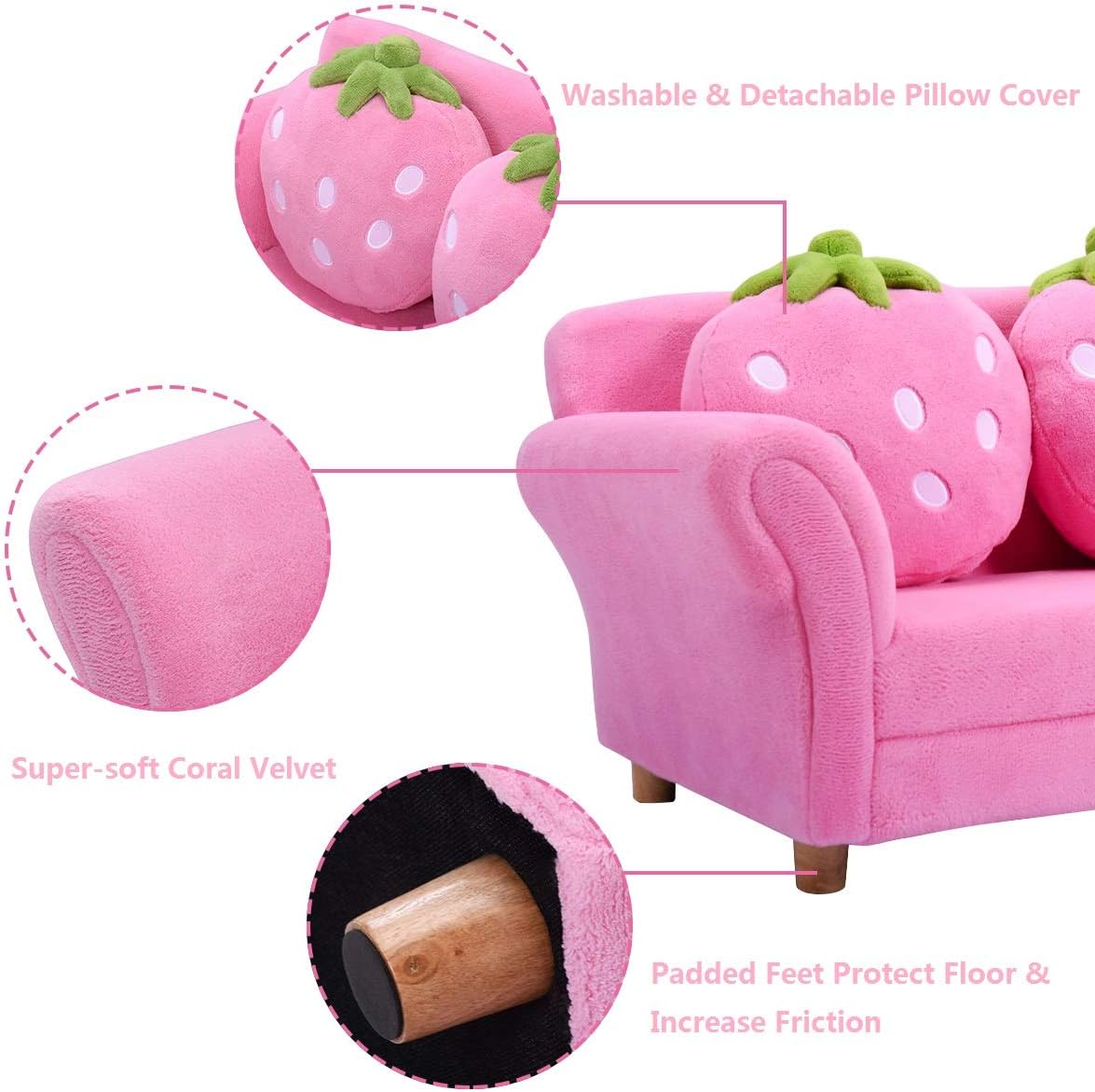 Costzon Kids Couch, Double Seat Pink Children's Sofa with 2 Strawberry Pillows, Toddler Armrest Chair for Bedroom, Living Room