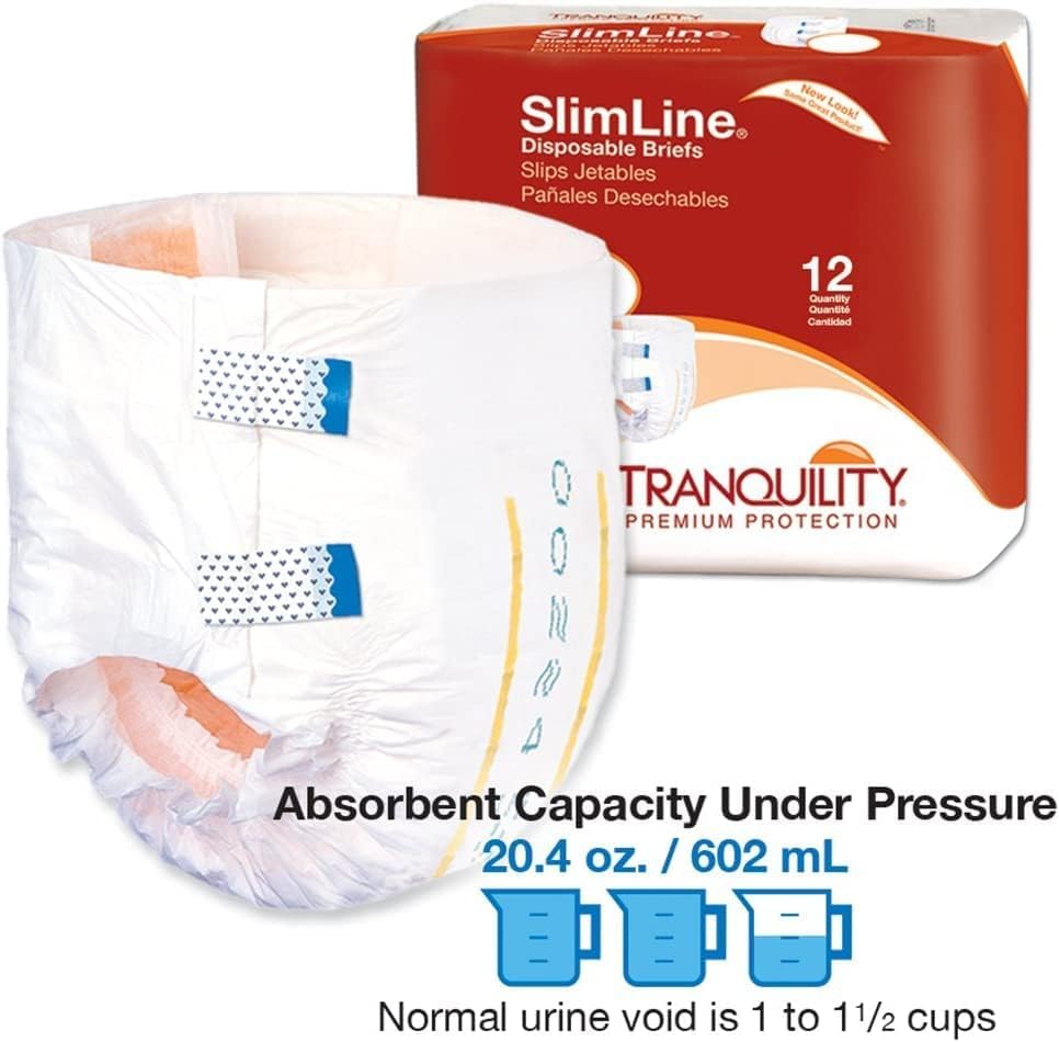 Tranquility Slimline Original Adult Disposable Brief, Adult X-Small, Incontinence Care with a Slimmer Fit, Peach Mat Core & Kufguard Technology for Max Comfort, Latex-Free, 10.9oz Capacity, 100ct Case