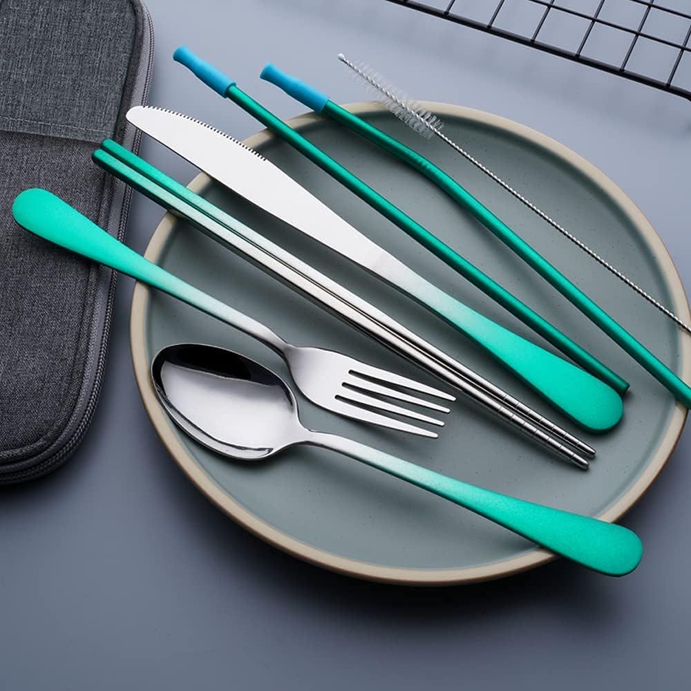 Travel Utensils Set with Case Reusable Portable Cutlery Set Stainless Steel 8pcs Including Dinner Knife Fork Spoon Chopsticks Straws(Rainbow)