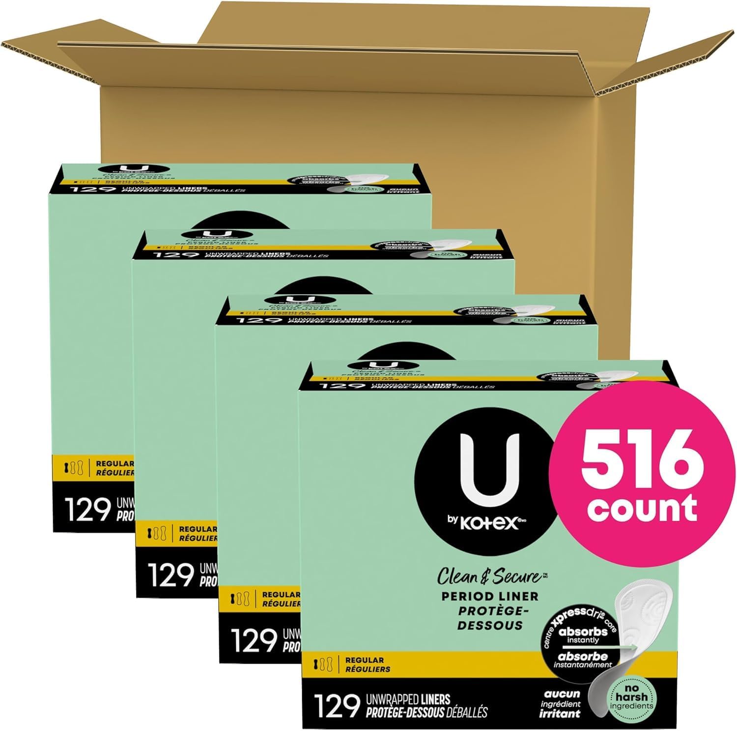 U by Kotex Clean & Secure Daily Liners, Regular, 129 Count - 4 Pack (516 Total
