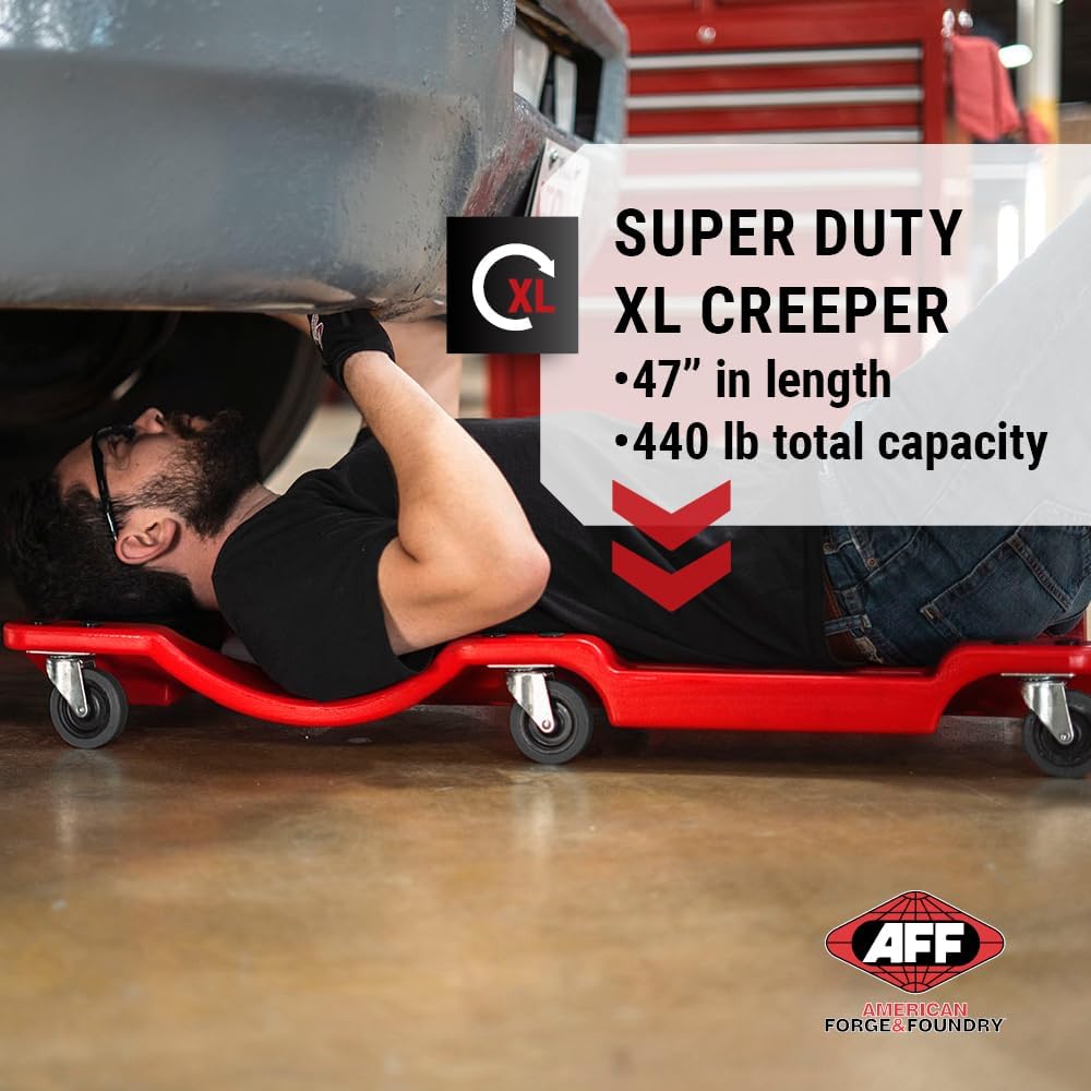 AFF XL Mechanic's Creeper - 47" Length Ergonomic Creeper with Padded Headrest & Magnetic Tool Trays - Super Duty