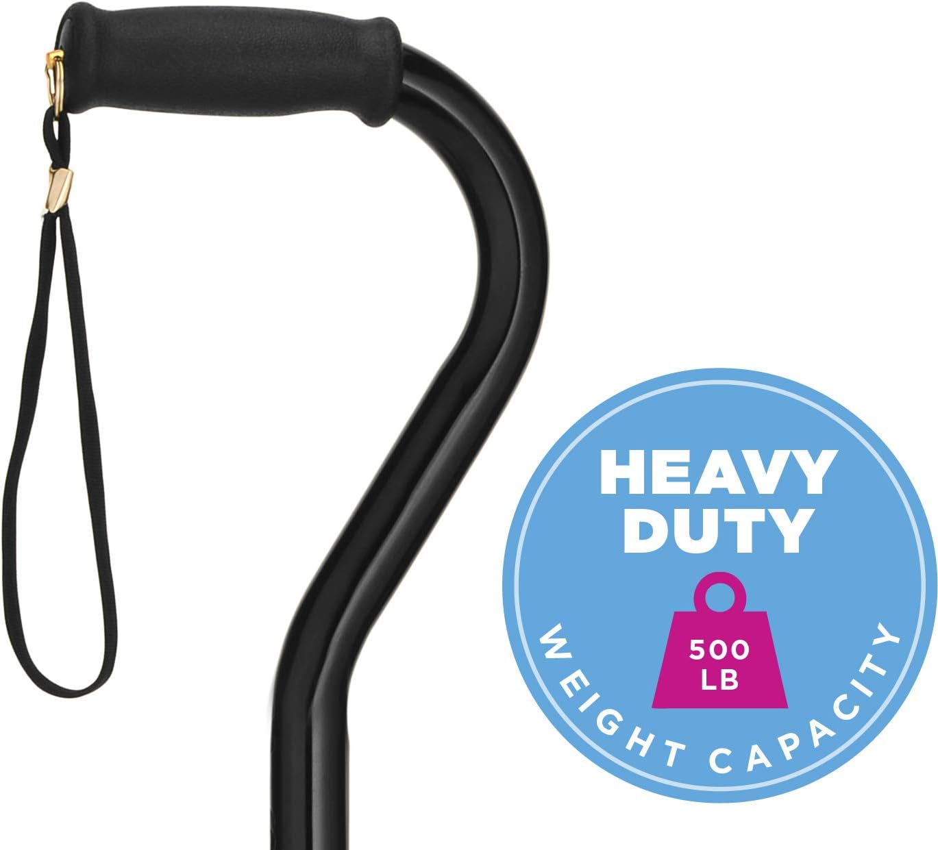 NOVA Heavy Duty Walking Cane with Offset Handle, 500 lb. Weight Capacity, Bariatric & Lightweight Adjustable Walking Stick with Carrying Strap, Black