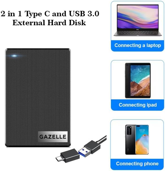 GAZELLE High-Speed 1TB Ultra Slim Portable External Hard Drive - 2-in-1 Type C & USB 3.0, Compatible with PC, Mac, Laptop, PS4, Xbox, iPad, Tablet