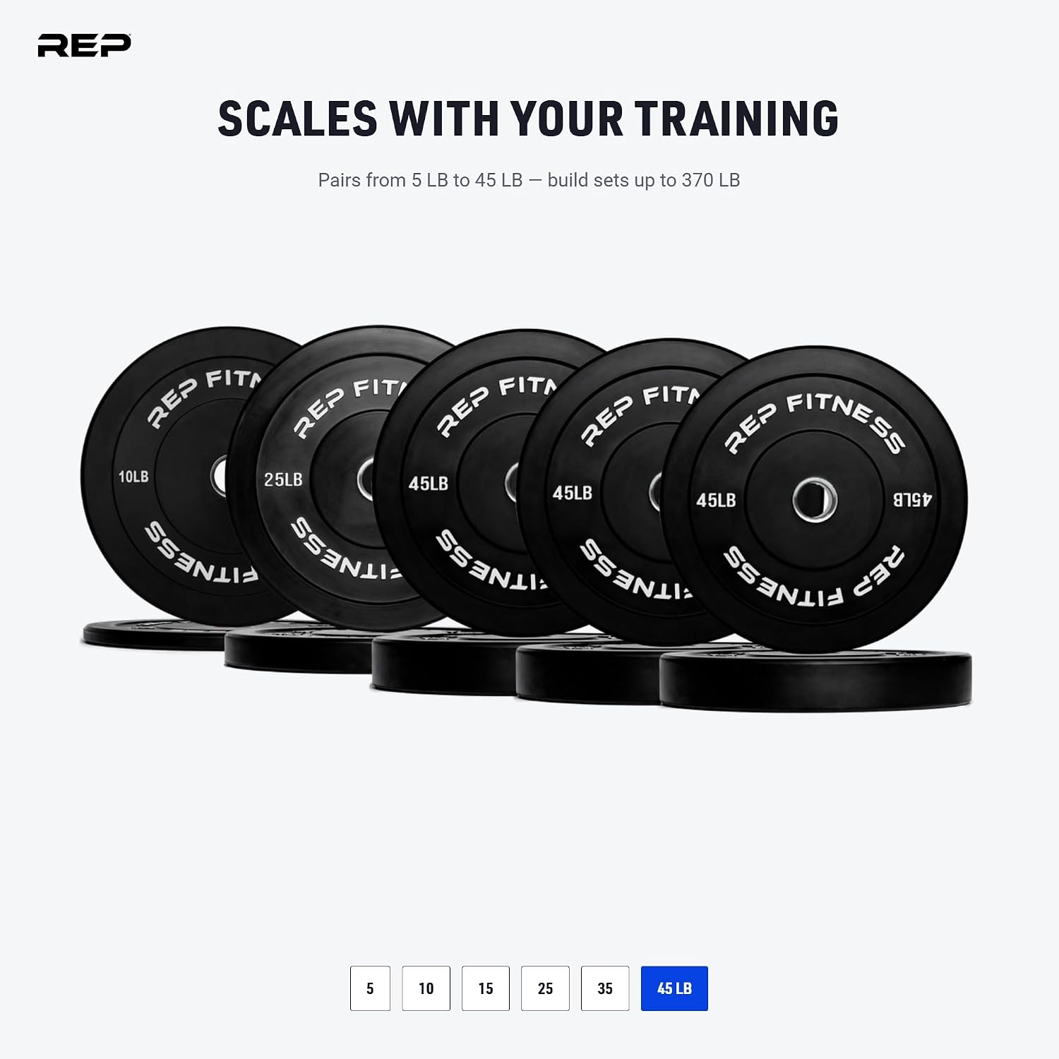 REP Fitness Rubber Bumper Plates, 5Lb to 370 lb Set Pairs, Olympic Standard Weights, Shock Absorbing Low Bounce Design, For Home Gyms, Fitness Centers, Strength Workouts, Barbell Use