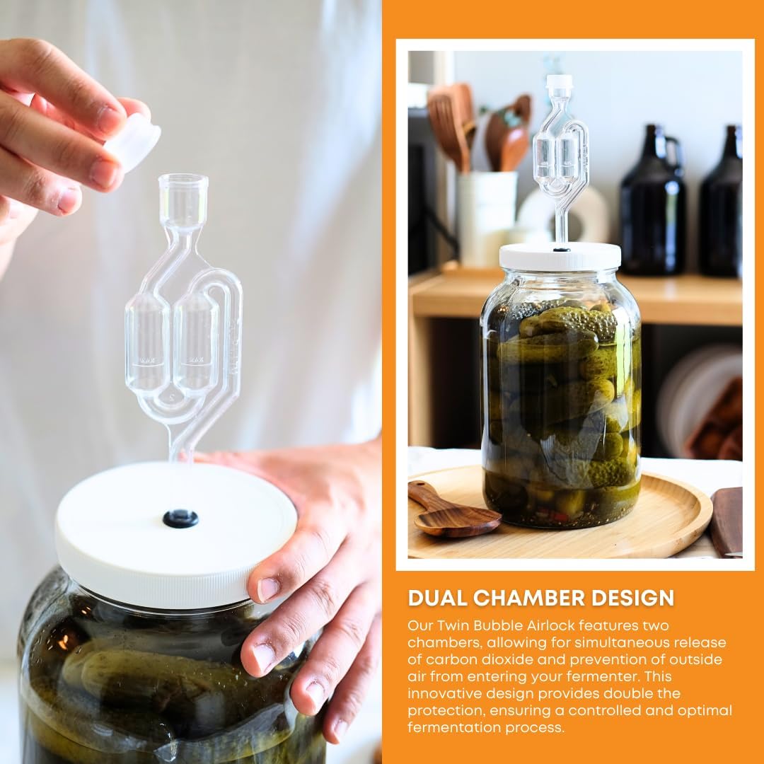2-Pack 1 Gallon Glass Jar with Lid | Wide Mouth Twin Bubble Airlock Set | Heavy-duty Glass Jars with Airtight Lid for kombucha