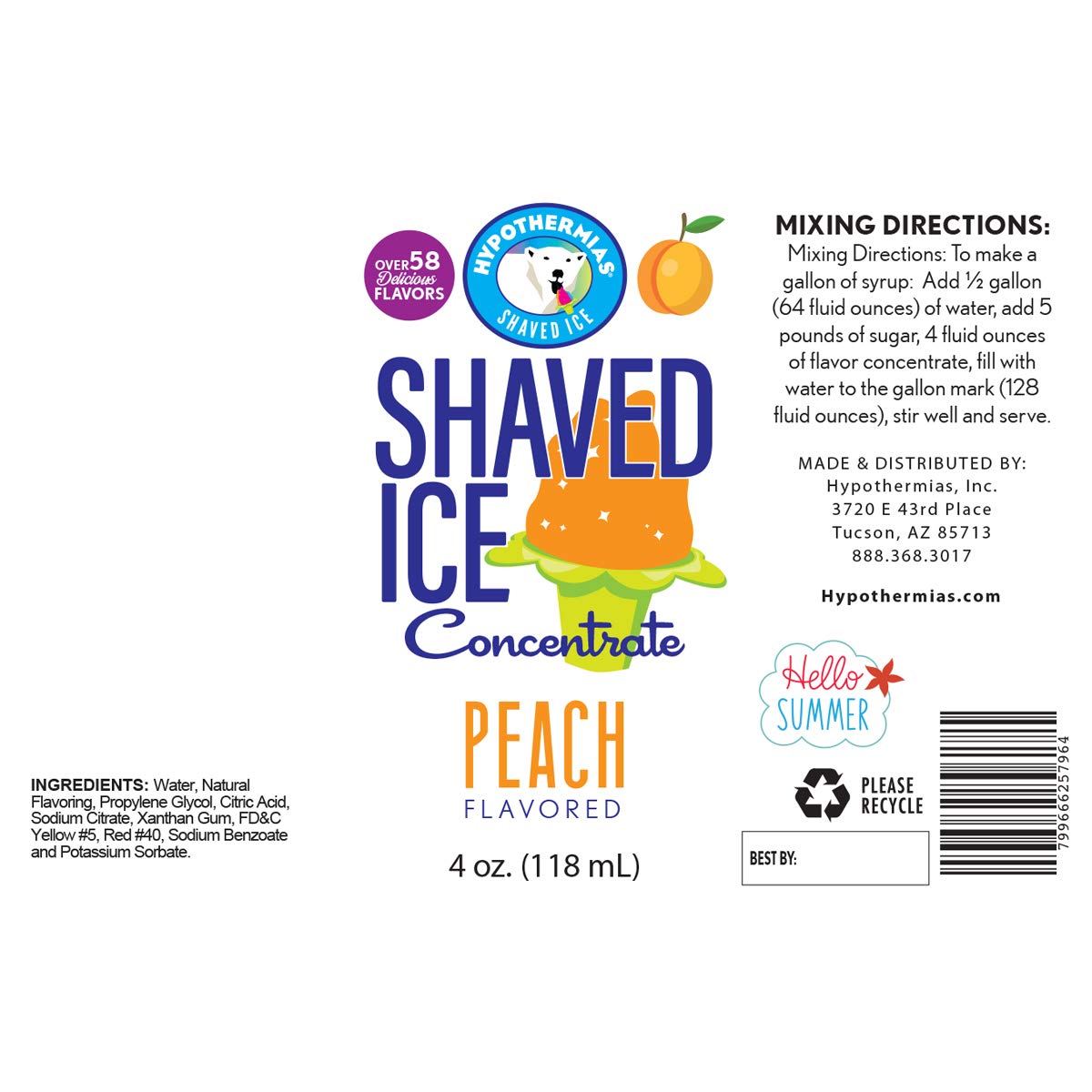 Hypothermias Shaved Ice and Snow Cone Syrup Unsweetened Flavor Concentrate - 4 Fl Oz - Makes 1 Gallon of Ready to Use Syrup - Peach - Must Add
