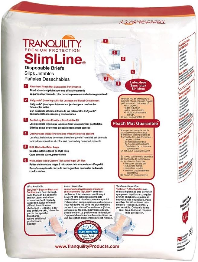 Tranquility Slimline Original Adult Disposable Brief, Adult X-Small, Incontinence Care with a Slimmer Fit, Peach Mat Core & Kufguard Technology for Max Comfort, Latex-Free, 10.9oz Capacity, 100ct Case