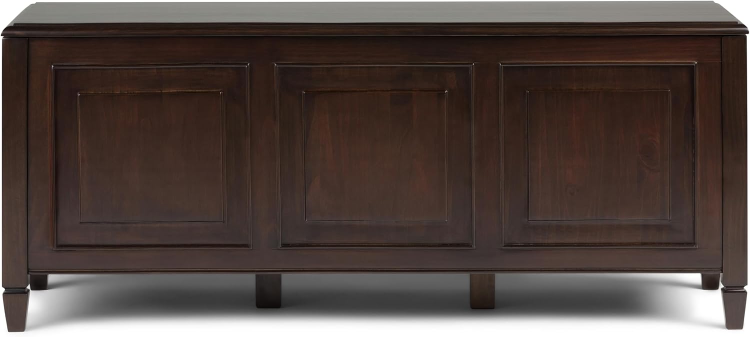SIMPLIHOME Harvey 47" Wide Solid Mango Wood Bench in Natural | Traditional entryway bench in dark chestnut brown with a lift-up lid and 3 hidden compartments; shoe or hallway bench.