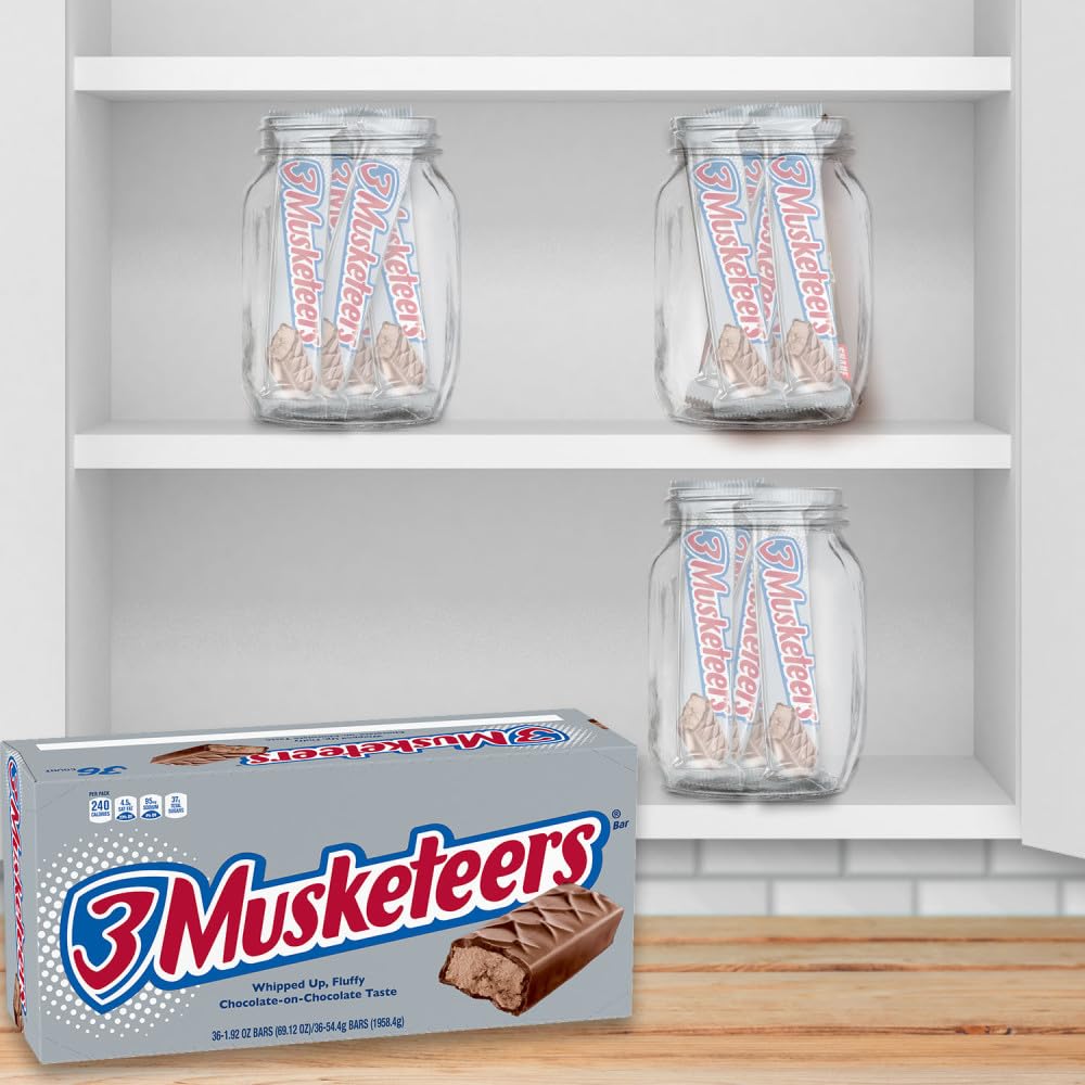 3 MUSKETEERS Milk Chocolate Candy Bars, Full Size, Bulk Candy Box, 36 ct | Light whipped chocolate nougat in full size bars, for sharing, party favors and lunch boxes, gift bag, snack box