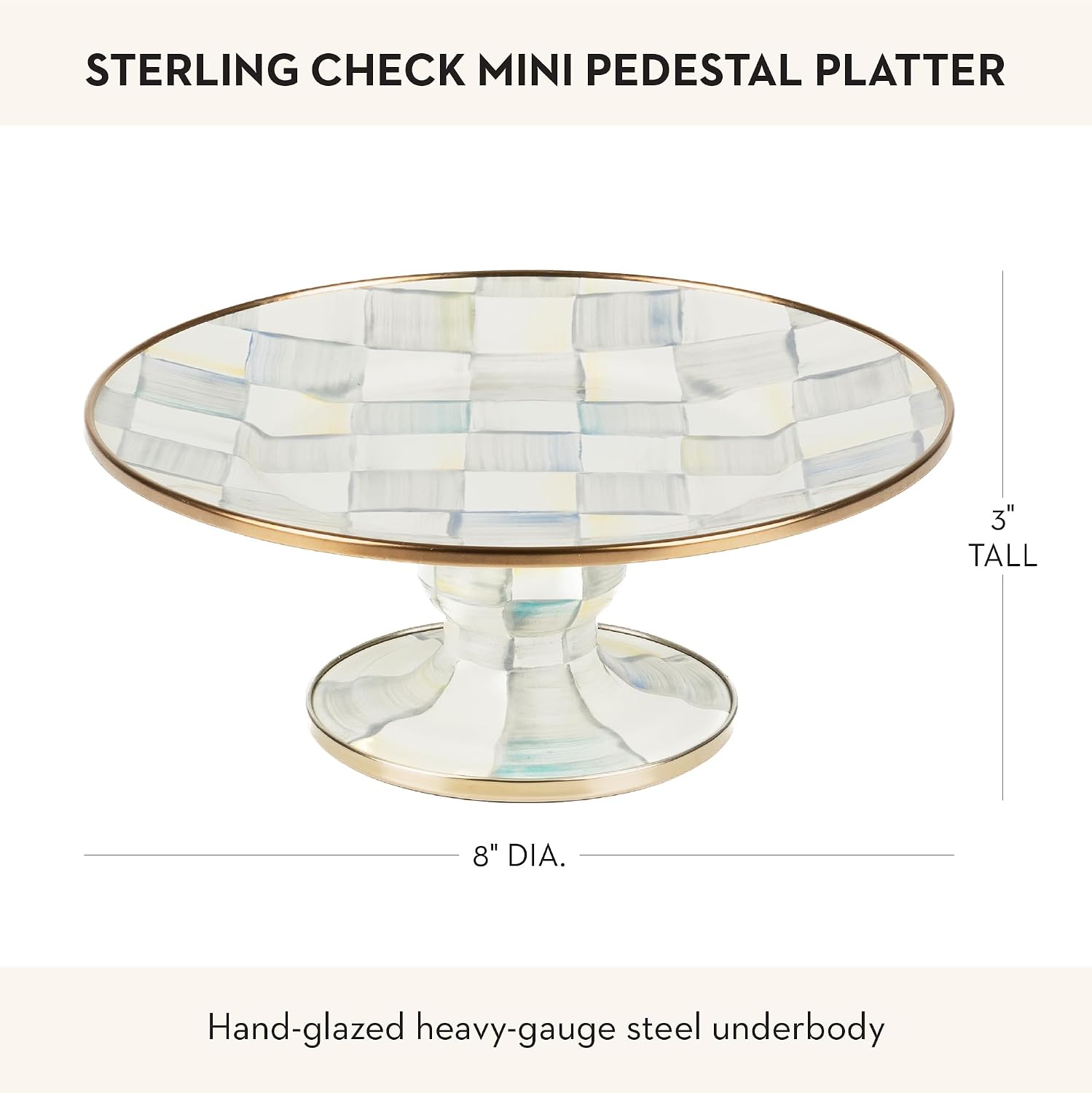 MACKENZIE-CHILDS Pedestal Platter, Mini, Black-and-White Courtly Check | Hand-painted design, made from enameled steel, stackable round cake stand for serving desserts, 8" dia. x 3" H
