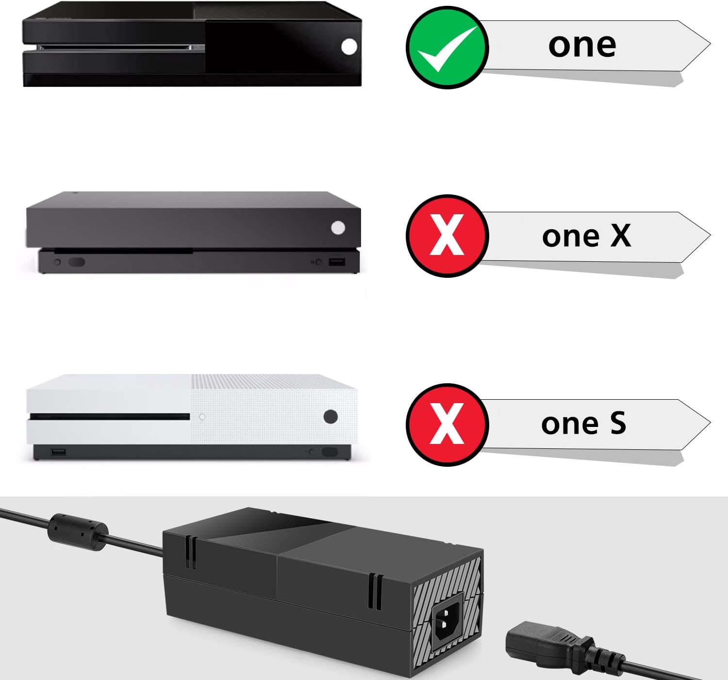 YAEYE Power Supply Brick for Xbox One with Power Cord, (Low Noise Version) AC Adapter Power Supply Charge Compatible with Xbox One Console