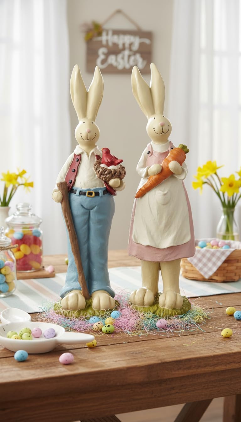 Easter Bunny Decorations Couple Rabbit Holding Bird Chutes and Carrot, Hand-Painted Crafts Statue
