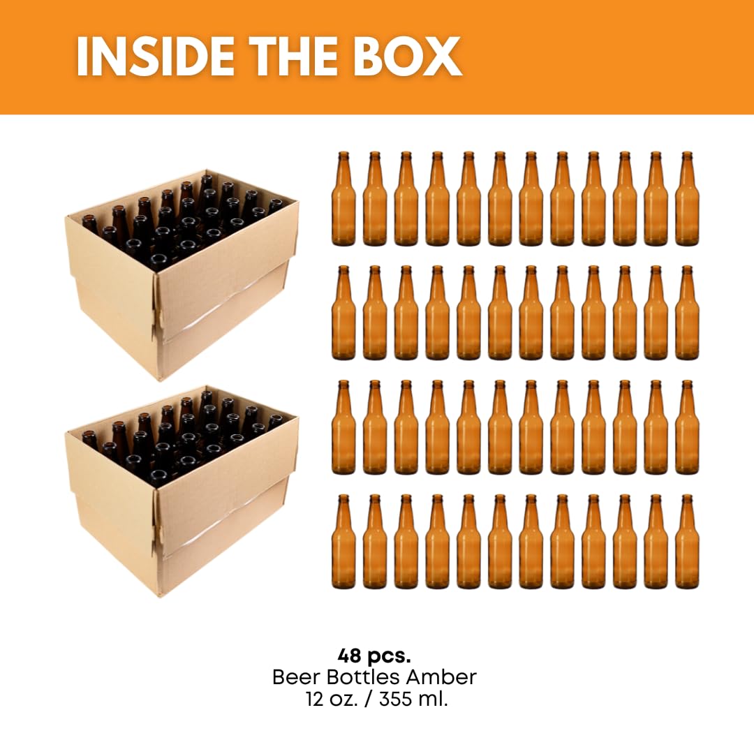 FastRack Amber Beer Bottles 12oz (Pack of 48) | Longneck Glass Beer Bottles with Pry-off Crown Finish for Home Brewing Mead