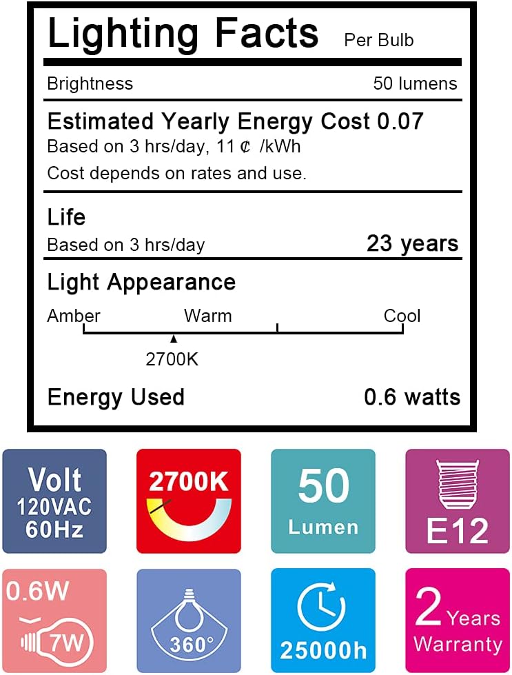 Emotionlite C7 LED Candelabra Bulbs, E12 Base, Warm White 2700K, 4 Pack | lear LED chandelier bulbs, 4W/5W/6W/7W incandescent equivalent with E12 candelabra base