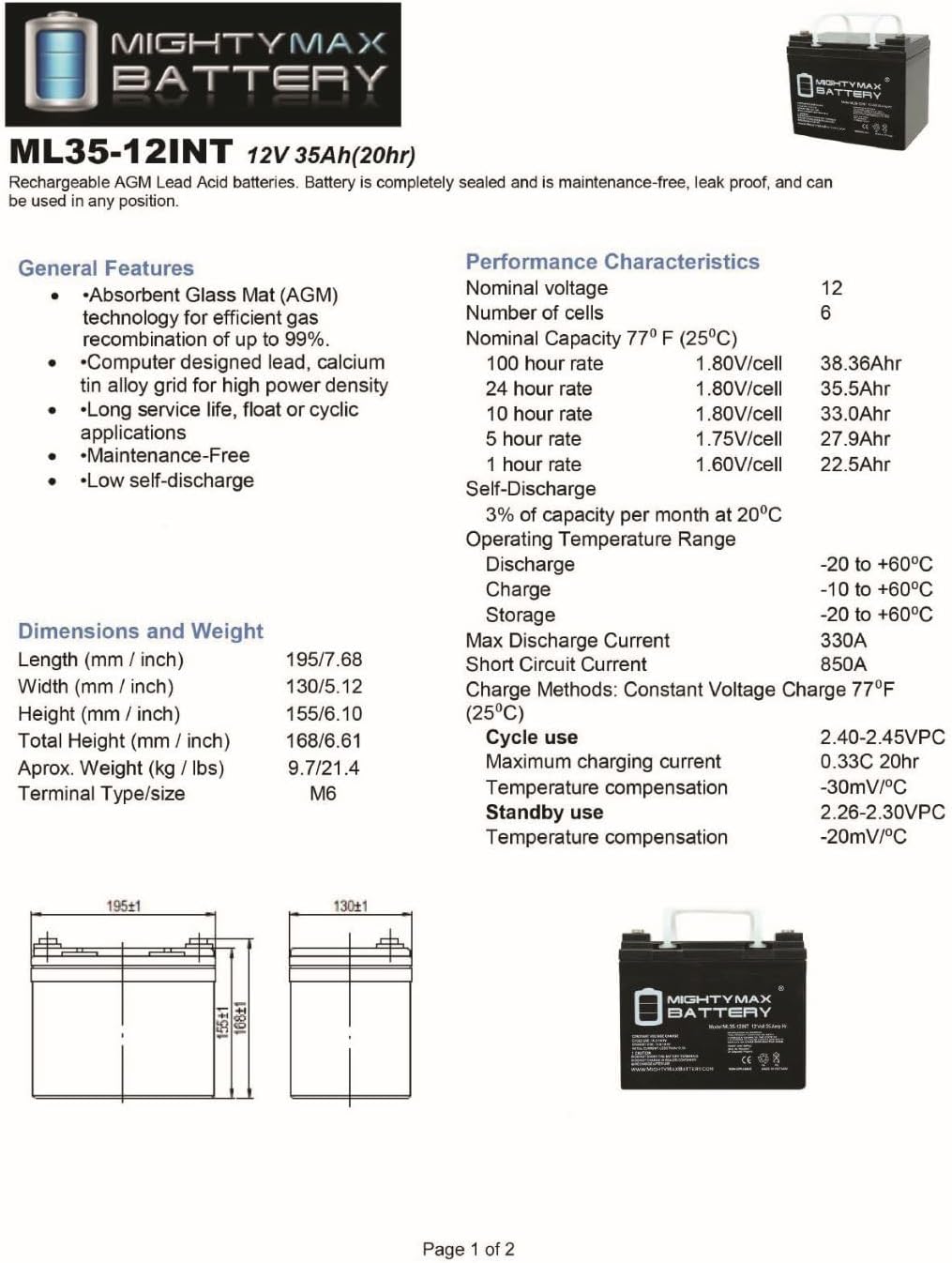 ML100-12 - 12 Volt 100 AH, Internal Thread (INT) Terminal, Rechargeable SLA AGM Battery, 1 Count (Pack of 1)