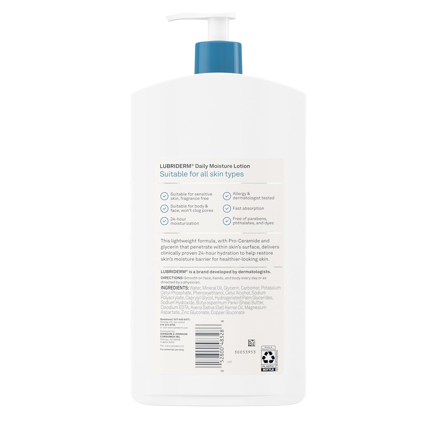 Lubriderm Daily Moisture Body Lotion, Fragrance Free, 24 fl. oz | Hydrating Face, Hand & Body Lotion + Pro-Ceramide for Sensitive Skin, 24-Hour Moisturizer with Shea Butter, Non-Greasy