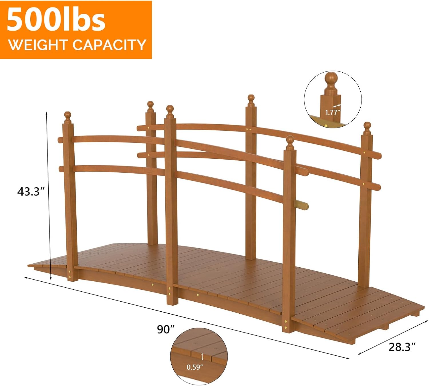 VINGLI 5 ft Garden Bridge, Classic Wooden Arch with Safety Rails Stained Finished Footbridge, Decorative Pond Landscaping, Backyard, Creek or Farm