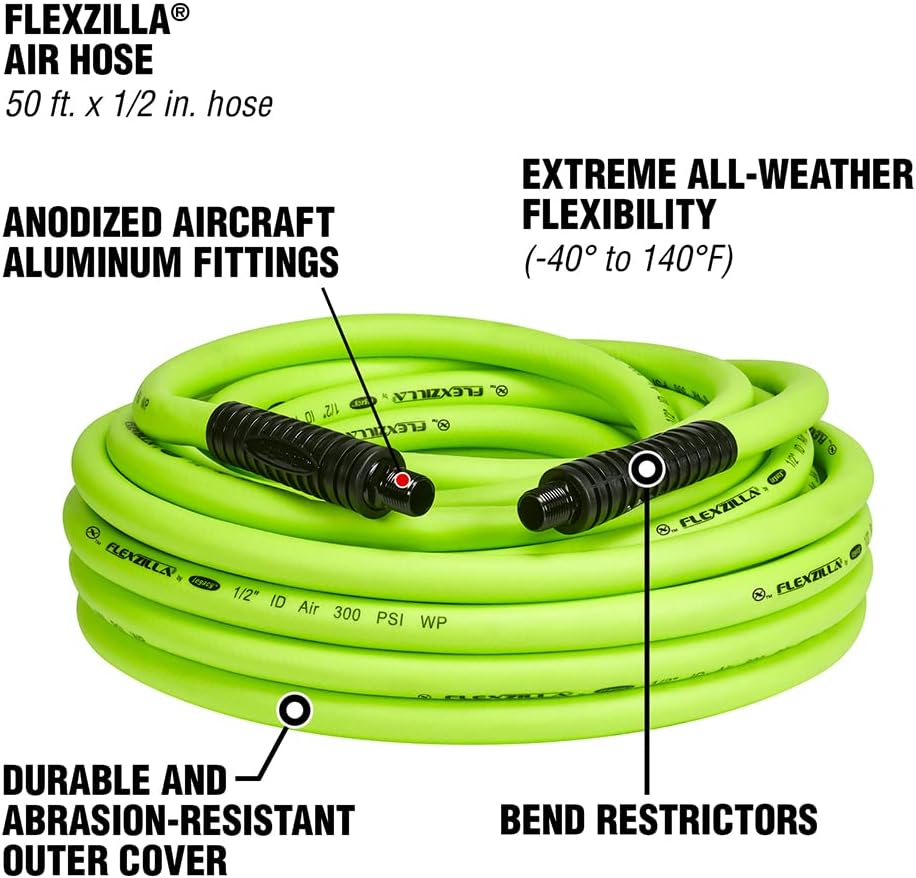 Flexzilla Air Hose, 3/8 in. x 50 ft., 3/8 in. MNPT Fittings, Heavy Duty, Lightweight, Hybrid, ZillaGreen - HFZ3850YW3