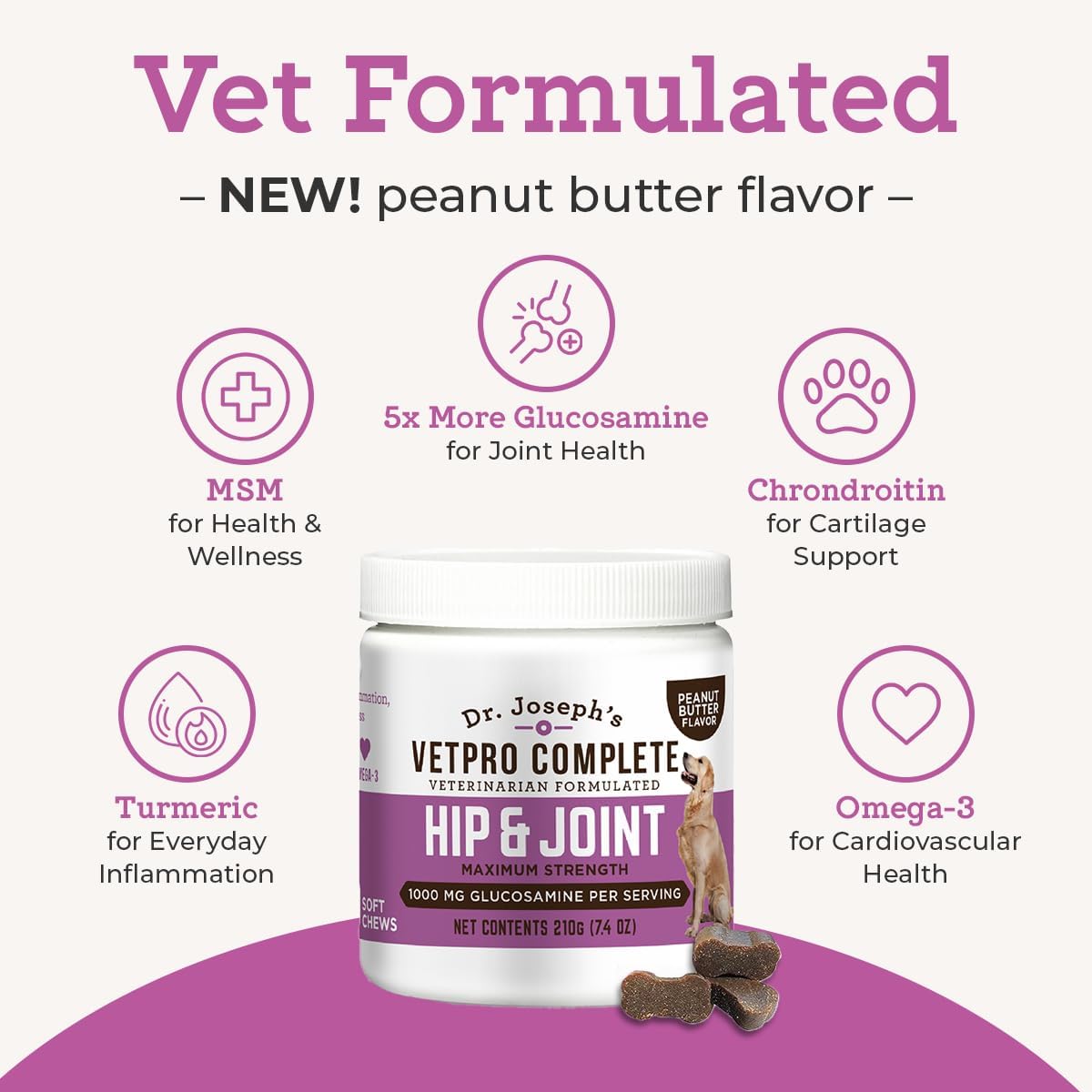 Dr. Joseph's VetPro Complete Dog Hip & Joint Wellness Supplement – High-Strength Glucosamine, MSM, Omega & Chondroitin Chews and Breeds – Vet Formulated Chicken Dog Treat - 120 Count