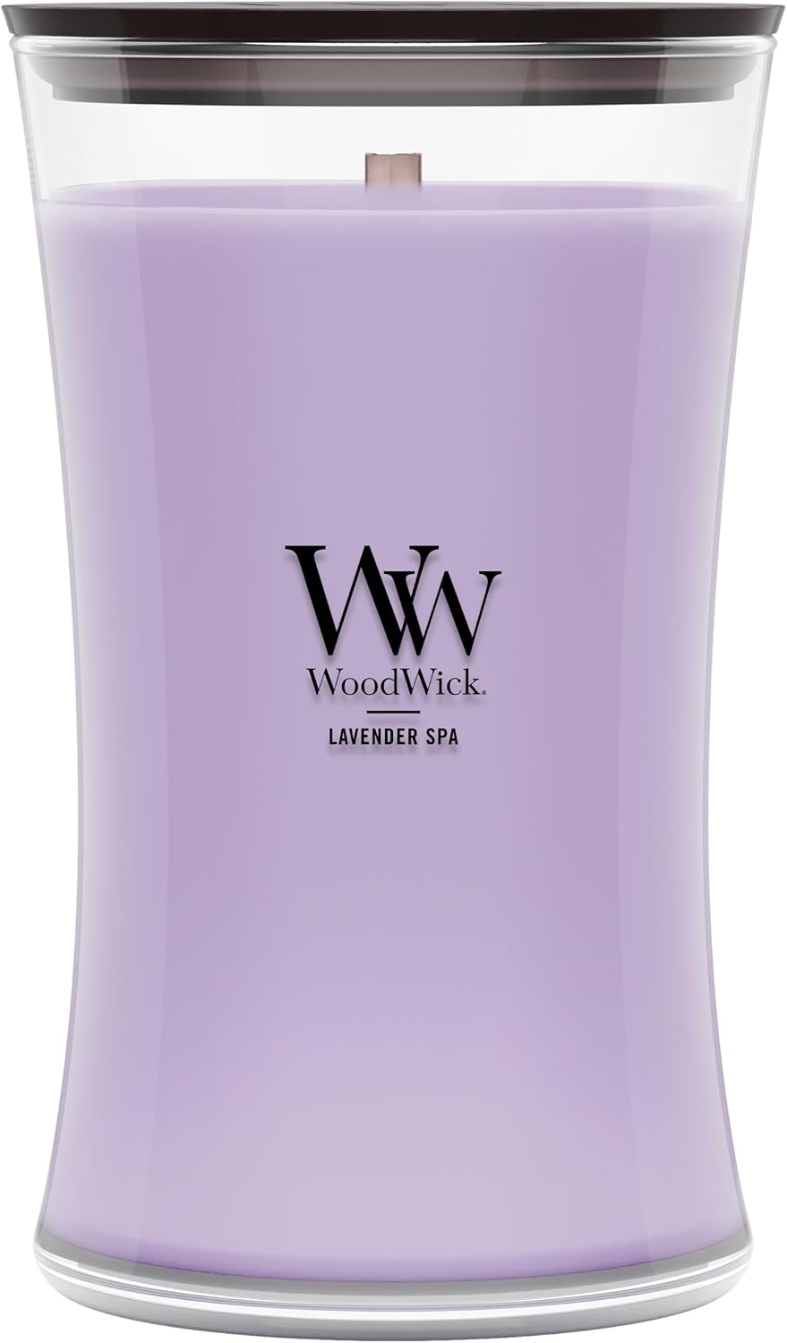 WoodWick Lavender Spa Gifts for Women and Men, 9.7 oz Medium Hourglass Candle with Crackling Wick